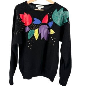 Vintage 80s Cristina Black Floral Faux Leather Applique Beaded Sweater